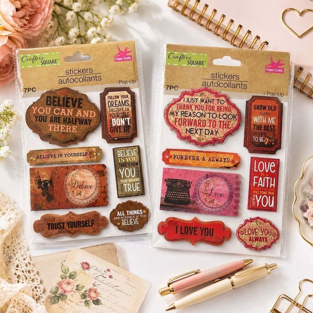 Crafters Square Pop Up Sticker Set Motivational Love Scrapbook Journaling 2Pk